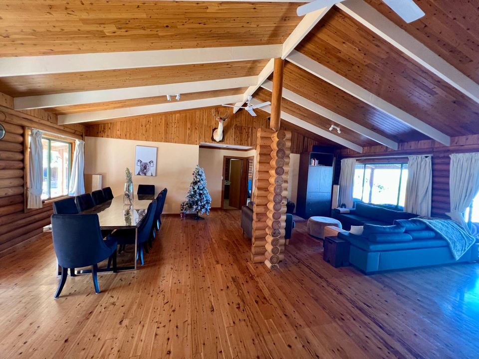 Open-plan living and dining under a timber ceiling