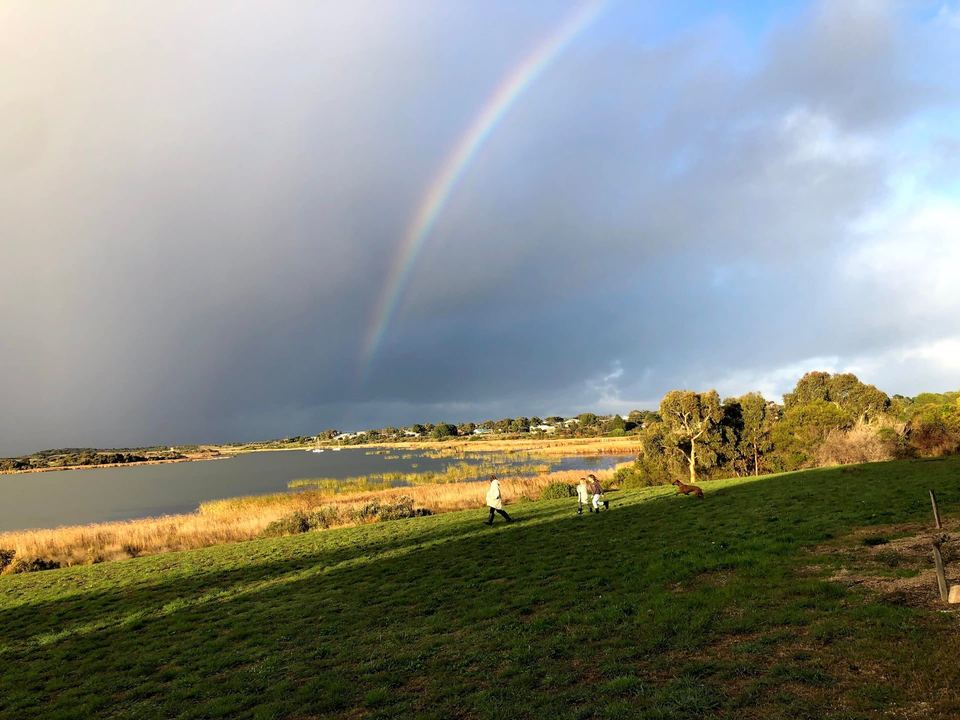 Rainbow over the lake and lawn